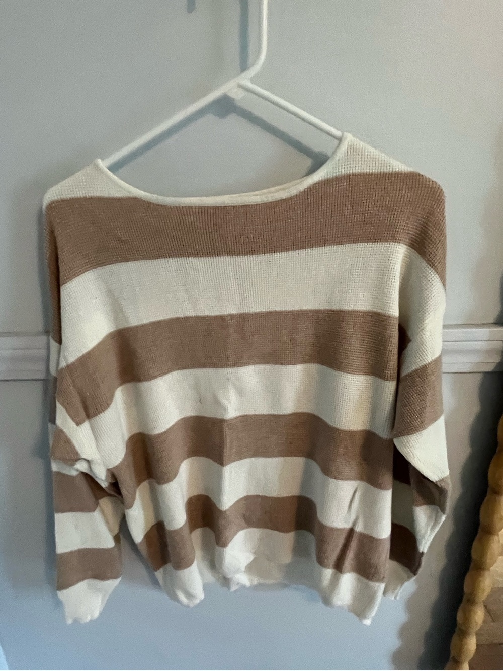 Cyrus Off-Shoulder Striped Sweater in Cream and Tan